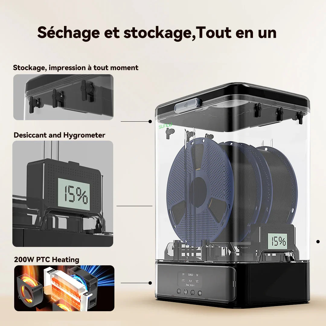 Pack Sunlu FilaDryer SP2 - 2 Boite de stockage + Base Chauffante + 2 Bobines PLA+2.0 Noir 1 kg