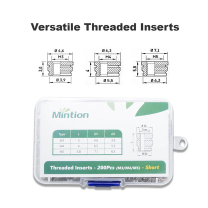 Mintion - Kit d'Inserts Filetés (Threaded Inserts Kit) - M3/M4/M5 Short version - 200pcs