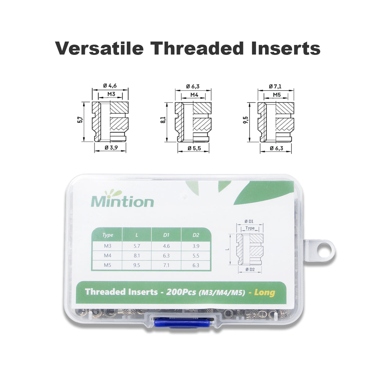 Mintion - Kit d'Inserts Filetés (Threaded Inserts Kit) - M3/M4/M5 Long version - 200pcs