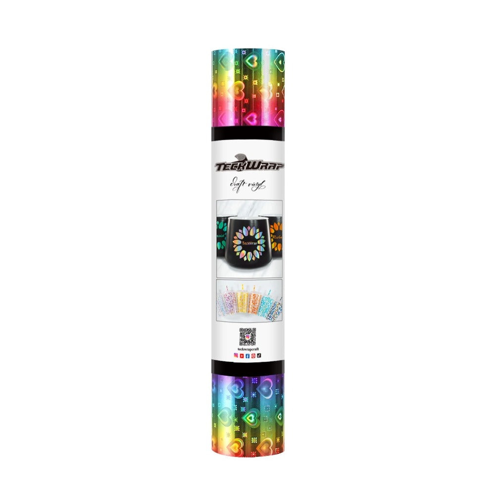 Teckwrapcraft - Holographic Rainbow - Vinyle Adhésif - Arc-en-ciel Cœurs - 30 cm x1,5 m