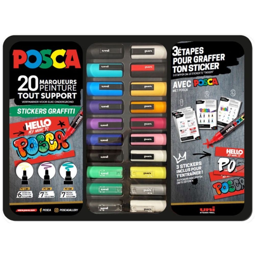 POSCA - Mallette de 20 marqueurs - Stickers Graffiti