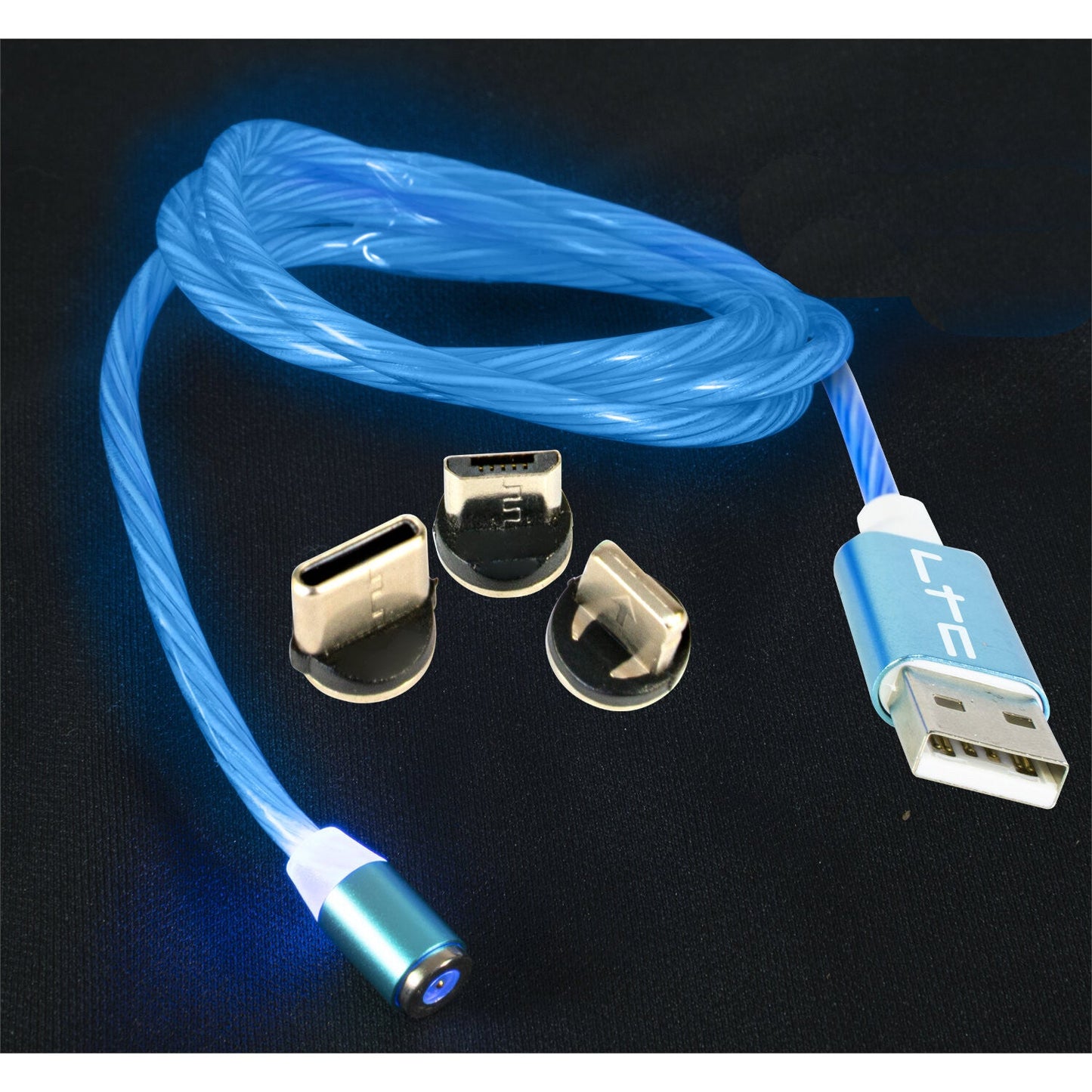 Magic-Cable-BL - Câble de Charge Magnétique multi embout USB micro/USB/Iphone  Lumineux Bleu - 1 m