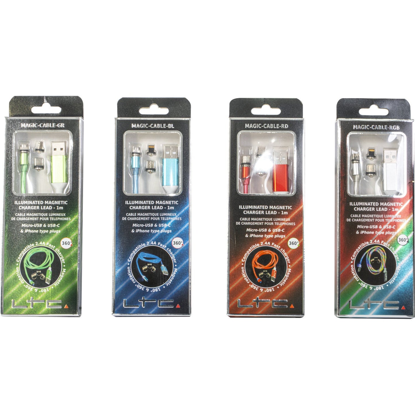 Magic-Cable-GR - Câble de Charge Magnétique multi embout USB micro/USB/Iphone  Lumineux Vert - 1 m