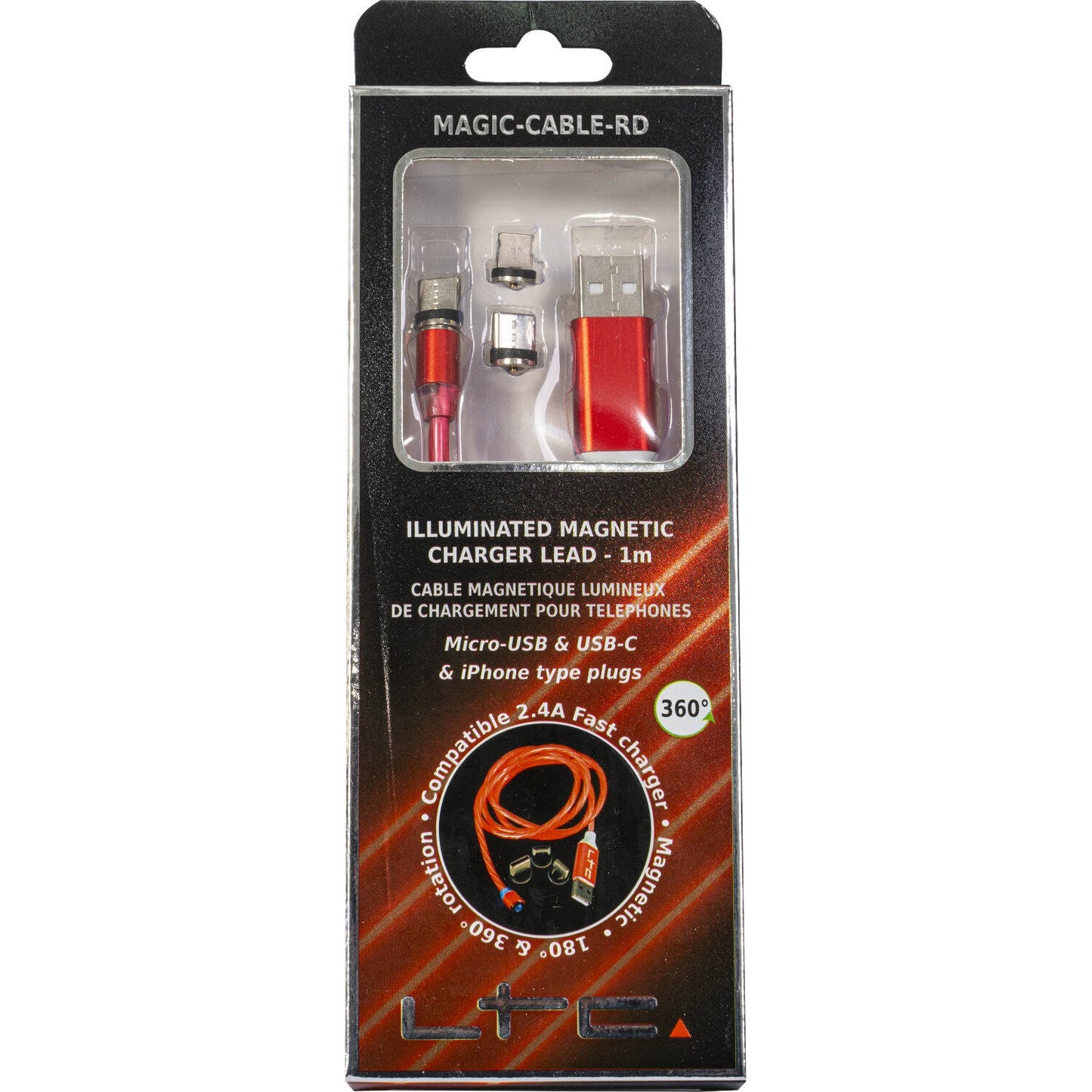 Magic-Cable-RD - Câble de Charge Magnétique multi embout USB micro/USB/Iphone  Lumineux Rouge - 1 m