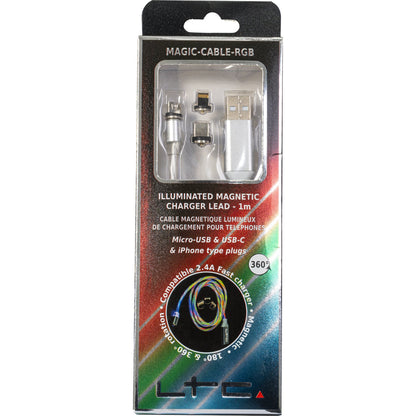 Magic-Cable-RGB - Câble de Charge Magnétique multi embout USB micro/USB/Iphone Lumineux Multicolore - 1 m