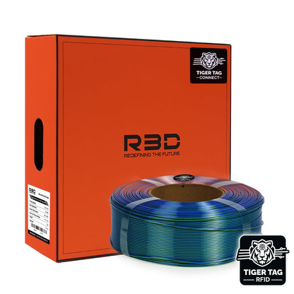 R3D - Tri-Silk color - Bleu/Vert/Orange (Blue/Green/Orange) - 1,75 mm - 1 kg Refill avec RFID TigerTag