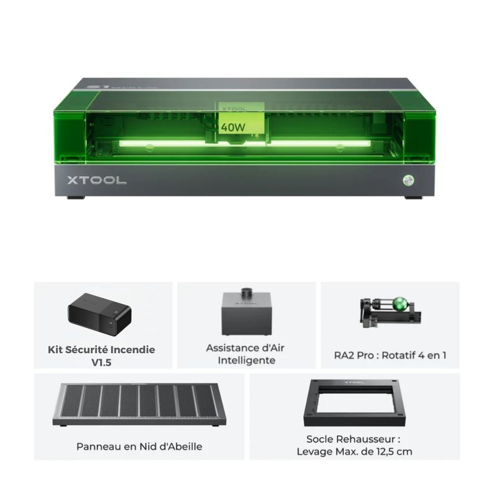 xTool - Pack S1 Deluxe - Découpeur Laser à Diode Fermé - Classe I - 40W
